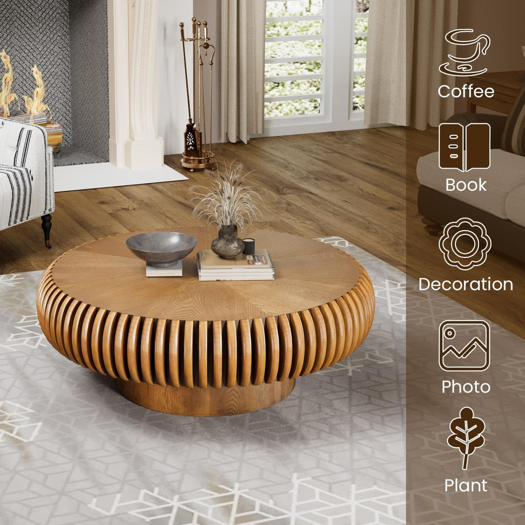 31.5' Drum Coffee Table Modern Unique Fluted Tea Table Contemporary Wood Round Coffee Table with Fluted Centry Table for Living Room Walnut (31.5' Brown)