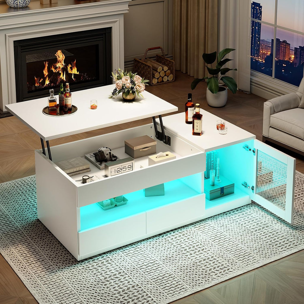 Itaar 39.4' Lift Top Coffee Table with 2 Drawers, Modern LED Coffee Tables for Living Room, Coffee Table with Glass Storage Cabinet, White