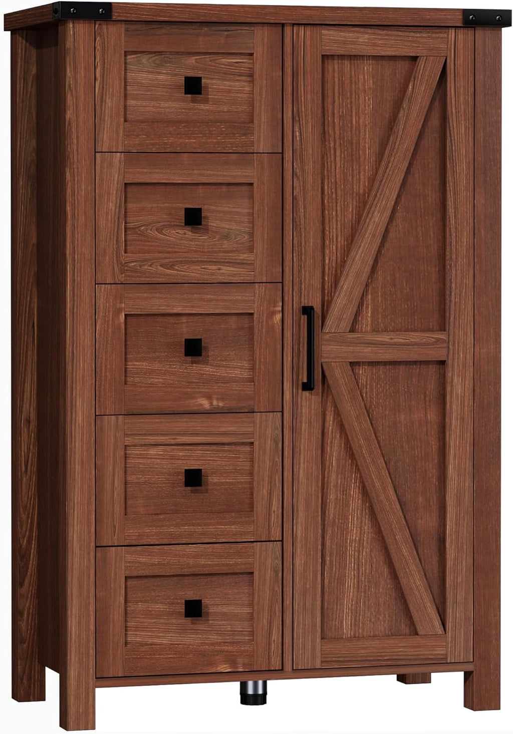 VVFLU Farmhouse 48 Inch Tall Dresser Chest of Drawer for Bedroom, 5 Drawer Storage Cabinet with Barn Door, Adjustable Shelves, Rustic, for Living Room, Entryway, Hallway, Cherry Wood