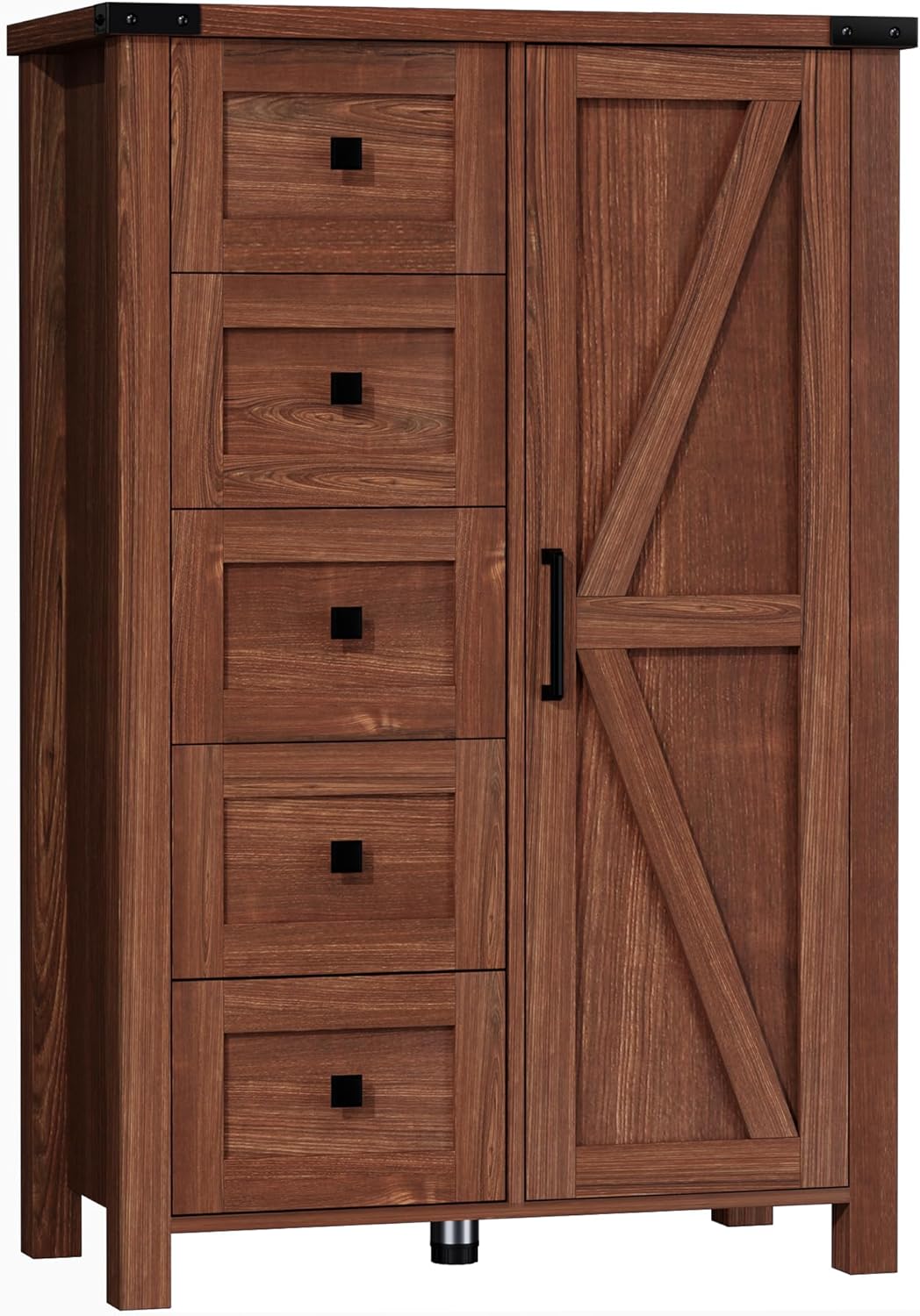 VVFLU Farmhouse 48 Inch Tall Dresser Chest of Drawer for Bedroom, 5 Drawer Storage Cabinet with Barn Door, Adjustable Shelves, Rustic, for Living Room, Entryway, Hallway, Cherry Wood