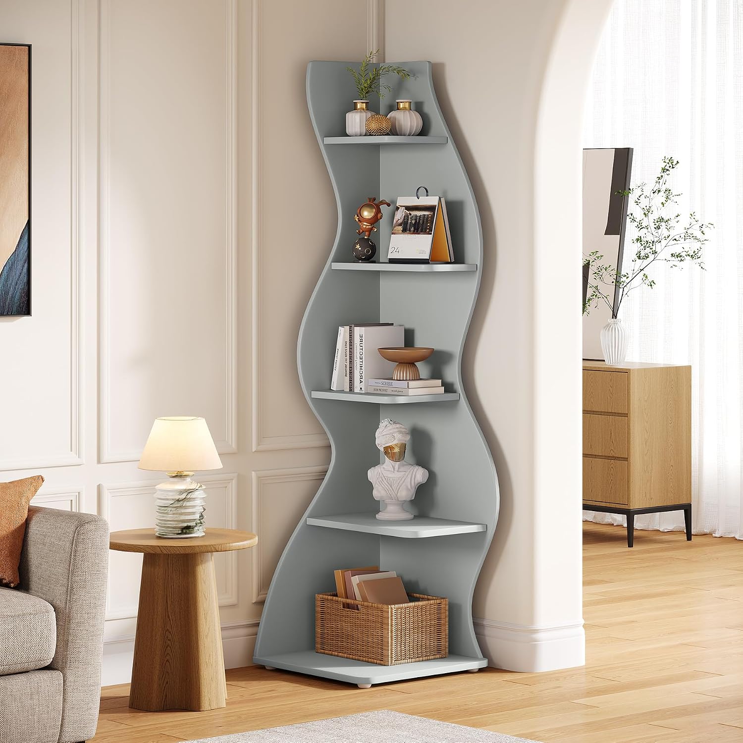 Tribesigns Wavy Corner Shelf Set of 2, Modern 5-Tier Bookshelf Etagere Bookcase with Curvy Shape, Unique Plant Stand Display Shelf for Living Room Small Space (Blue)
