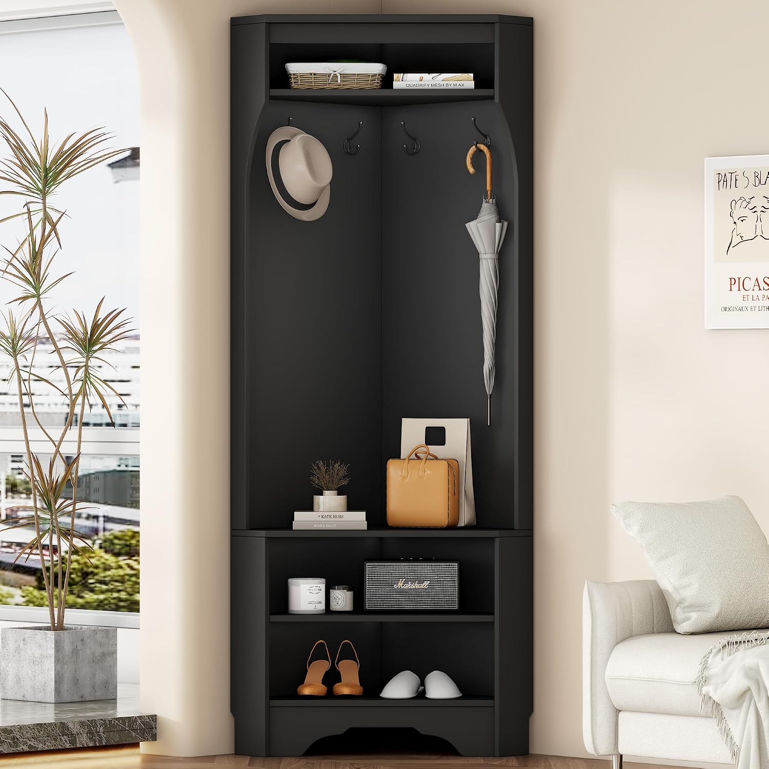 Merax Corner Hall Tree with Shoe Bench Entryway Coat Rack with 4 Metal Hooks Floor Standing Clothes Rack Shoes Shelf Organizer for Home Office Bedroom (Black) 29.5''W*71.6''H