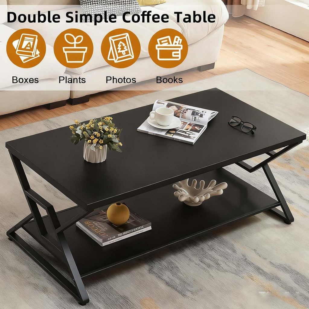 HOMISSUE Coffee Table, Rustic Rectangle Coffee Table with 2-Tier Storage, Engineered Wood Center Table with Open Shelves, Minimalist Coffee Table for Living Room, 47 Inch, Black