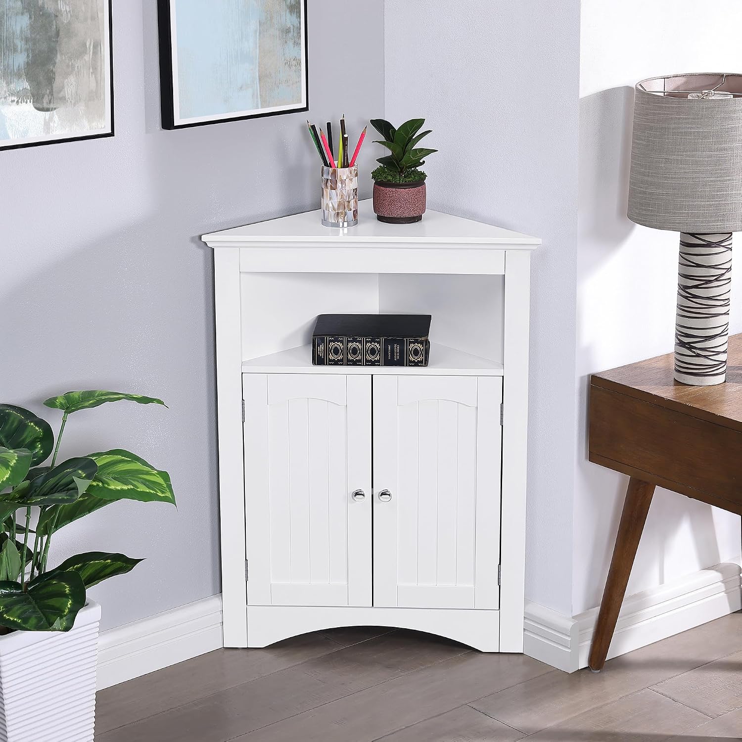 Small Corner Storage Cabinet with Doors and Adjustable Shelves Bathroom Corner Floor Cabinet for Living Room, Bathroom, Kitchen - White