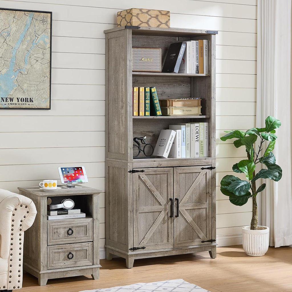 Joaxswe 70in Tall Bookshelf 5 Tier Bookcase with Barn Doors and Adjustable Shelves, Grey Farmhouse Book Shelf with Storage Cabinet, Wood Freestanding Display Bookshelves for Bedroom, Kitchen (2 PCS)
