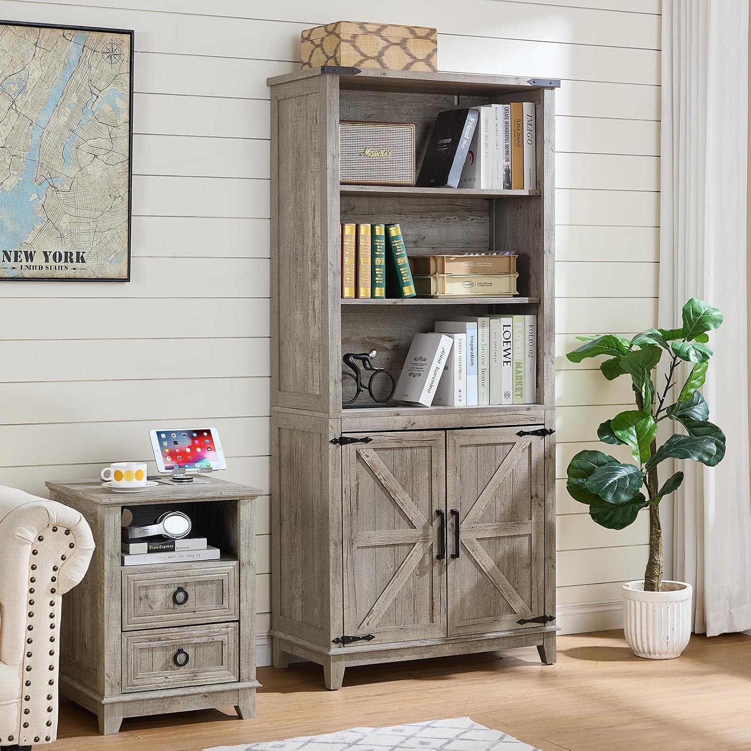 Joaxswe 70in Tall Bookshelf 5 Tier Bookcase with Barn Doors and Adjustable Shelves, Grey Farmhouse Book Shelf with Storage Cabinet, Wood Freestanding Display Bookshelves for Bedroom, Kitchen (2 PCS)