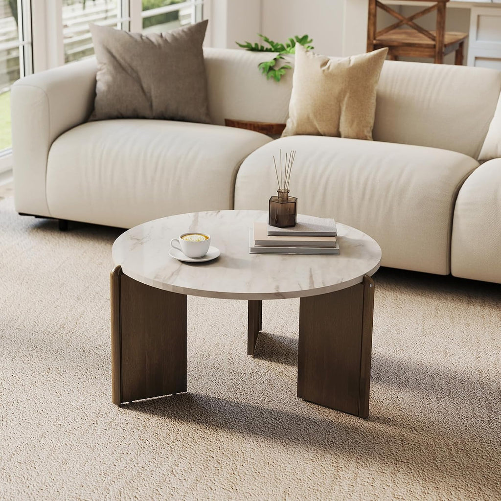 Travertine Texture Coffee Table 31.5 inch Modern Faux Marble Coffee Table Low Circle Center Table for Living Room Round Accent Table with Three-Legs for Apartment, White