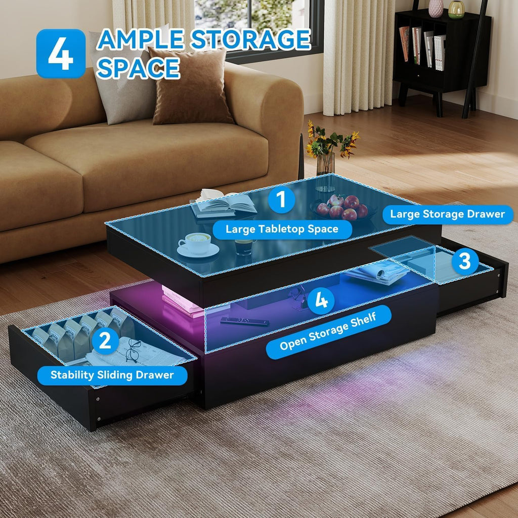 4-Piece Modern Living Room Table Set, Includes High Gloss 70' Fireplace TV Stand, 39' LED Coffee Table and 15' End Tables Set of 2 with Storage Drawers, Black