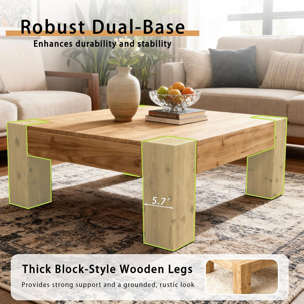 39.4' Square Coffee Table, Farmhouse Solid Wood Coffee Table with Sturdy Base, Mid-Century Modern Accent Center Tea Tables for Living Room Apartment, Easy Assembly
