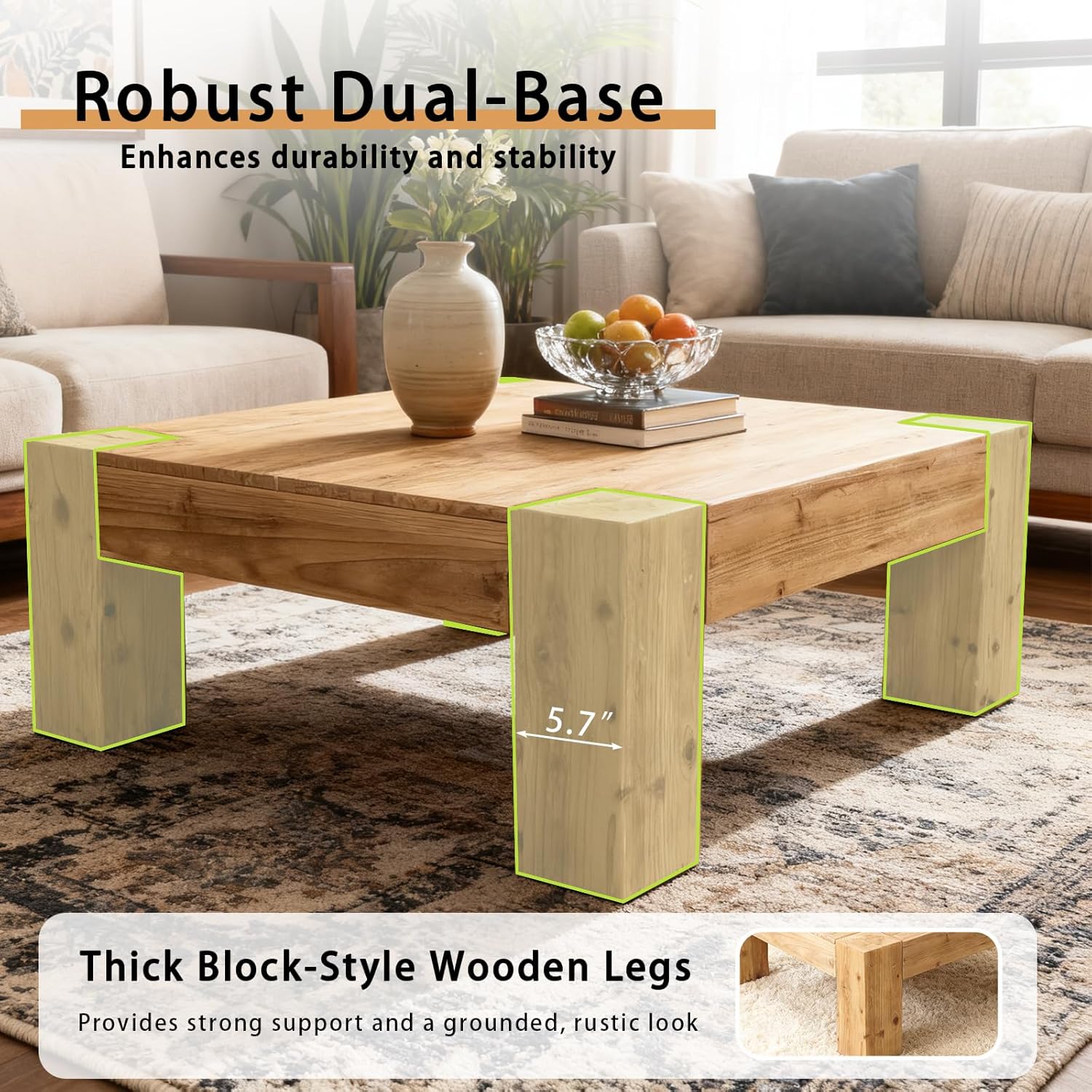 39.4' Square Coffee Table, Farmhouse Solid Wood Coffee Table with Sturdy Base, Mid-Century Modern Accent Center Tea Tables for Living Room Apartment, Easy Assembly
