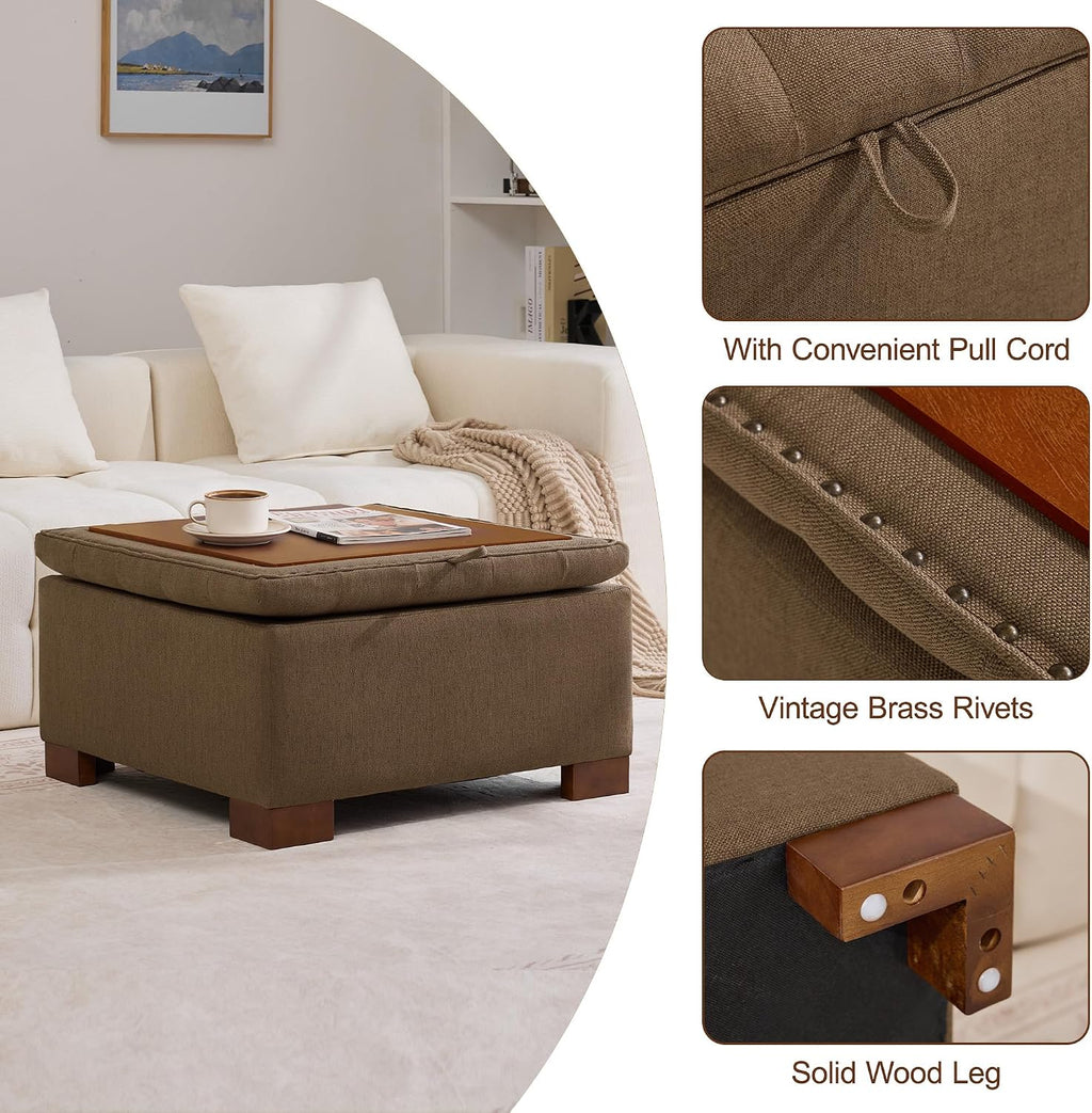 WUTUTUEE 30' Fabric Square Storage Ottoman with Wooden Tray, Modern Tufted Button Footstool Coffee Table, Upholstered Large Ottoman for Living Room, Bedroom, Brown