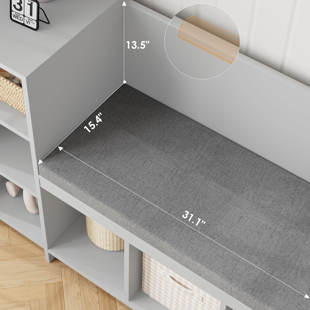 HOSTACK 67' W Kids Reading Nook with Toy Storage Organizer, Large Kids Bookshelf with Toy Storage Box on Wheels, Big Kid Bookcase with Bench and 6 Open Cubbies for Playroom, Kid Room, Grey