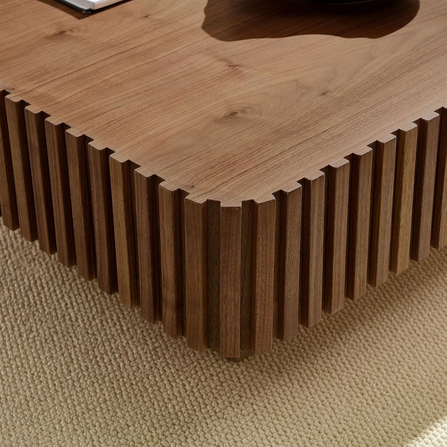 KEIKI 35' Handcraft Drum Square Wooden Coffee Table with Sturdy MDF Pedestal, Modern Style Solid Wood Relief Coffee Table, Easy Assembly, for Living Room, Bedroom, Reception Room, Walnut