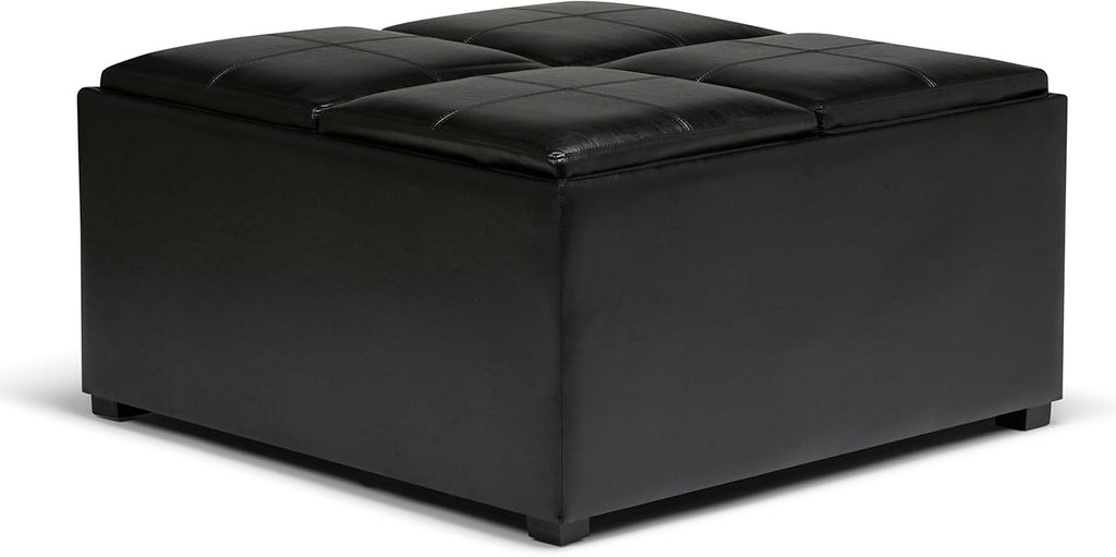 SIMPLIHOME Avalon Wide Contemporary Square Coffee Table Storage Ottoman, Midnight Black, Table Ottoman