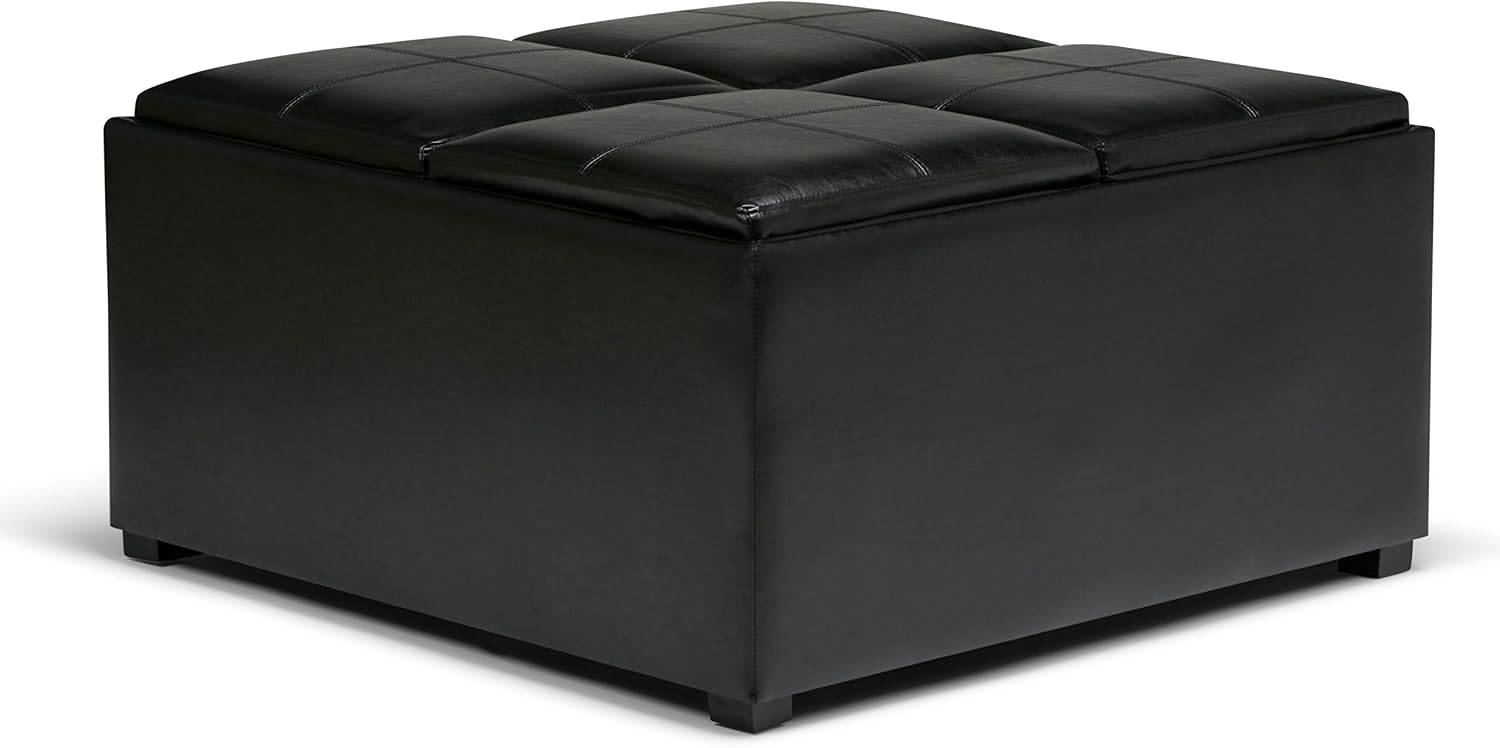 SIMPLIHOME Avalon Wide Contemporary Square Coffee Table Storage Ottoman, Midnight Black, Table Ottoman