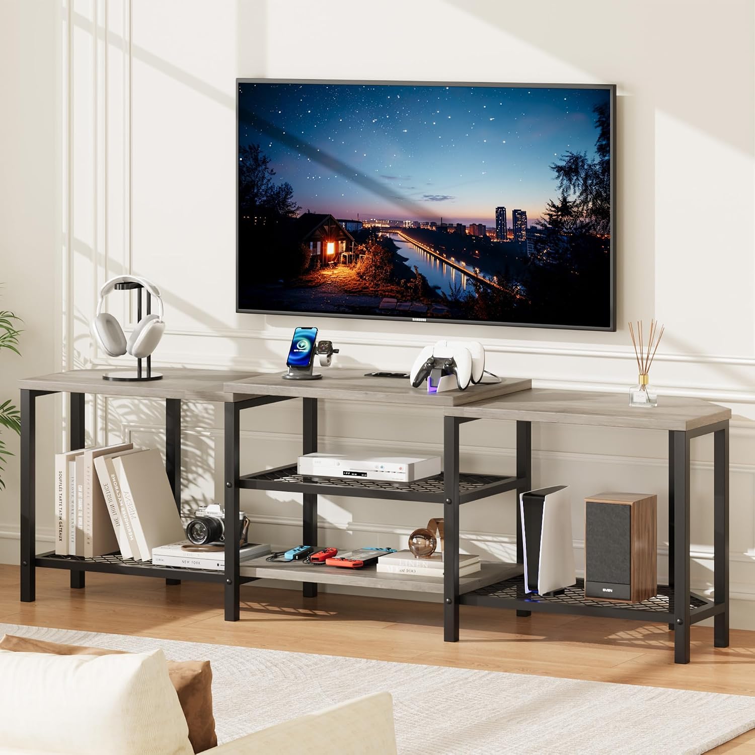 Corner TV Stand,with Power Outlets,Led Strip,67 Inch Large Entertainment Center,3-Tier Open Storage Shelves, Media TV Console Table for Living Room, Bedroom,Grey
