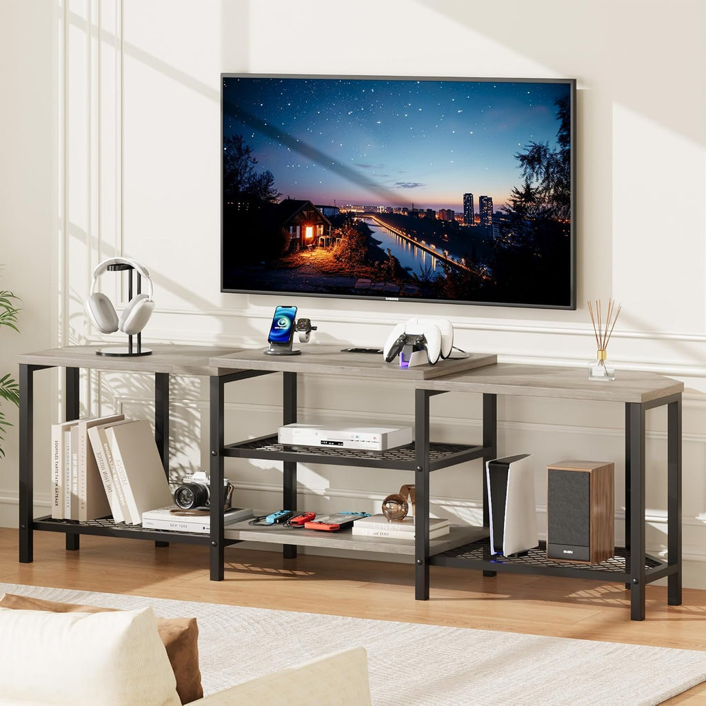 67'' Corner TV Stand for 55/65/75 Inch TVs,4 Open Shelves, Power Outlets, Led Lights,Media Console Table for Living Room or Bedroom,Grey