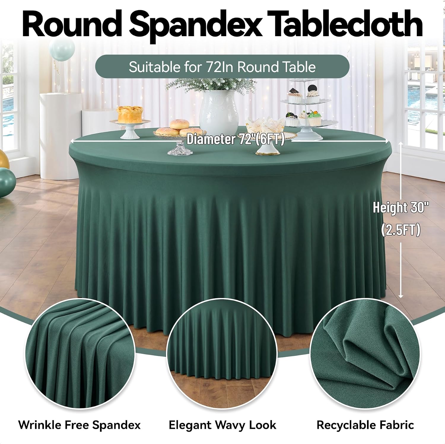 leegleri 6 Pack Spandex Hunter Green 72Inch Round Tablecloths, Stretchy 132inch Fitted 6FT Round Table Cloths, Wrinkle Free Table Cover with Skirt for Wedding Birthday Party Bridal Shower Banquet