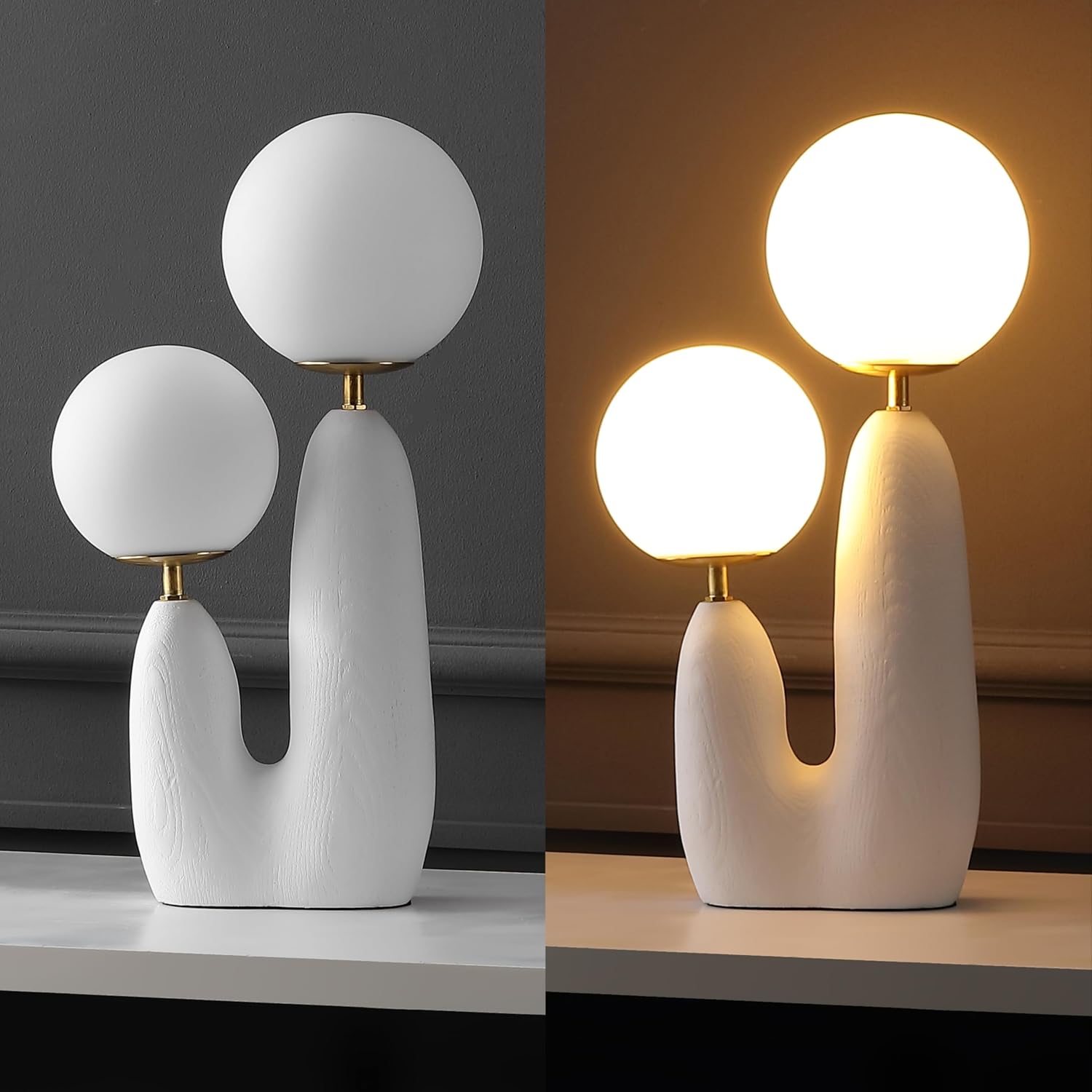 JONATHAN Y 17.75' White/Brass Gold Modern Bohemian Danish Cactus LED Table Lamp, 2-Light Mid-Century Minimalist Desk Light for Bedroom Living Room, Frosted Glass Globe Shades (JYL4065B)