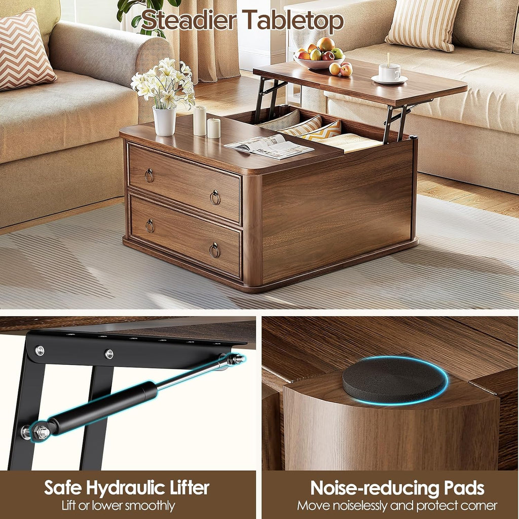 Memobarco 31.5' Lift Top Coffee Table with Storage,Square Coffee Tables with Lifting top for Living Room,Farmhouse Coffee Table with Large Drawers and 2 Hidden Compartment,Walnut