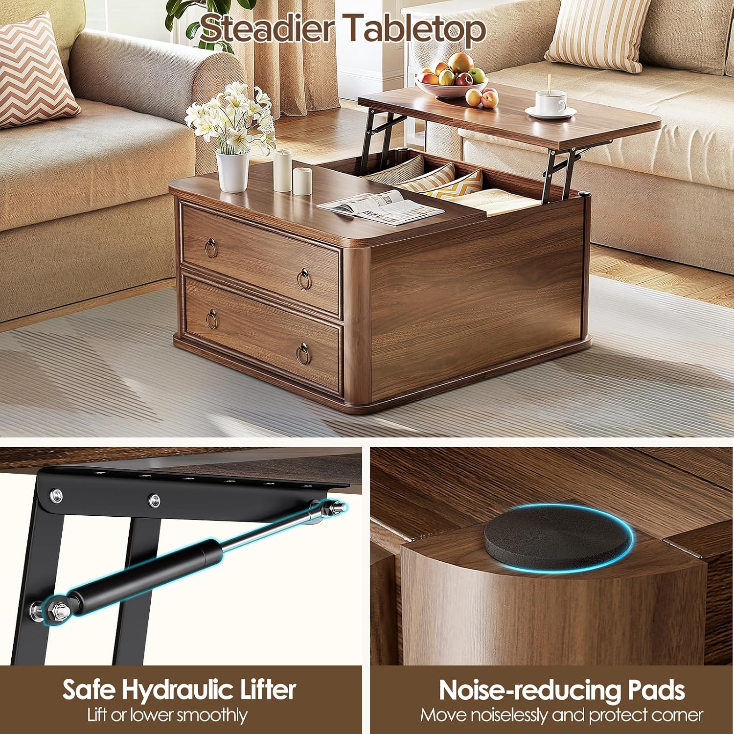 Memobarco 31.5' Lift Top Coffee Table with Storage,Square Coffee Tables with Lifting top for Living Room,Farmhouse Coffee Table with Large Drawers and 2 Hidden Compartment,Walnut