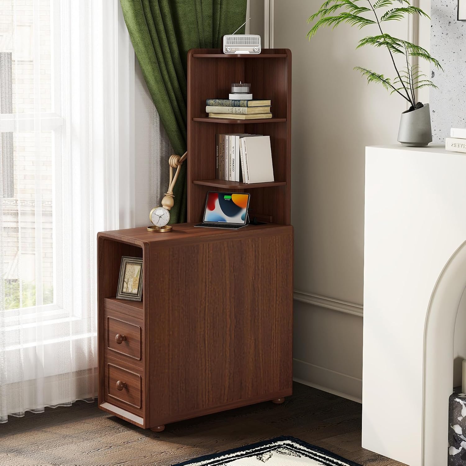 Mirightone Wood End Table Corner Side Table with Drawers & Open Shelves, Tall Sofa Side Table, Narrow Tables Bedside Table Nightstands with Charging Station for Living Room, Bedroom (Walnut)