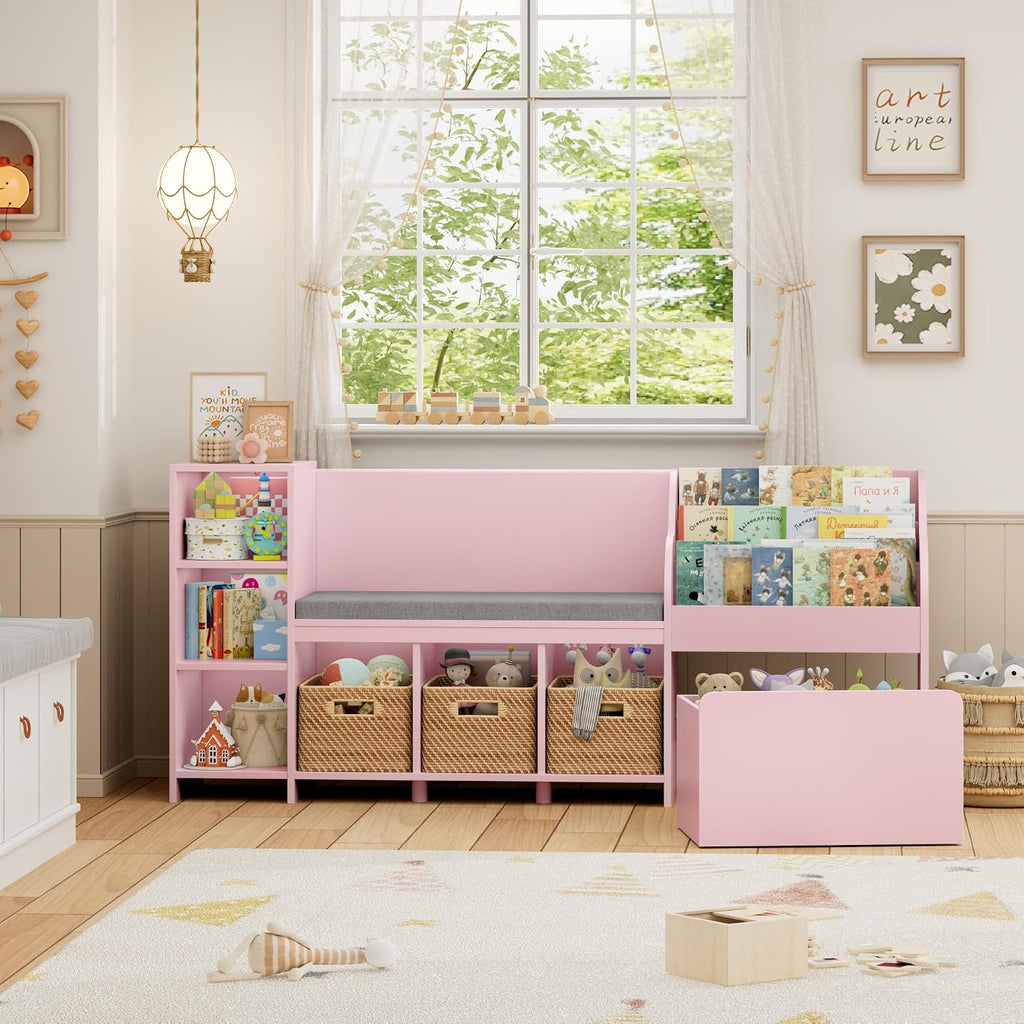 HOSTACK 67' W Kids Reading Nook with Toy Storage Organizer, Large Kids Bookshelf with Toy Storage Box on Wheels, Big Kid Bookcase with Bench and 6 Open Cubbies for Playroom, Kid Room, Pink