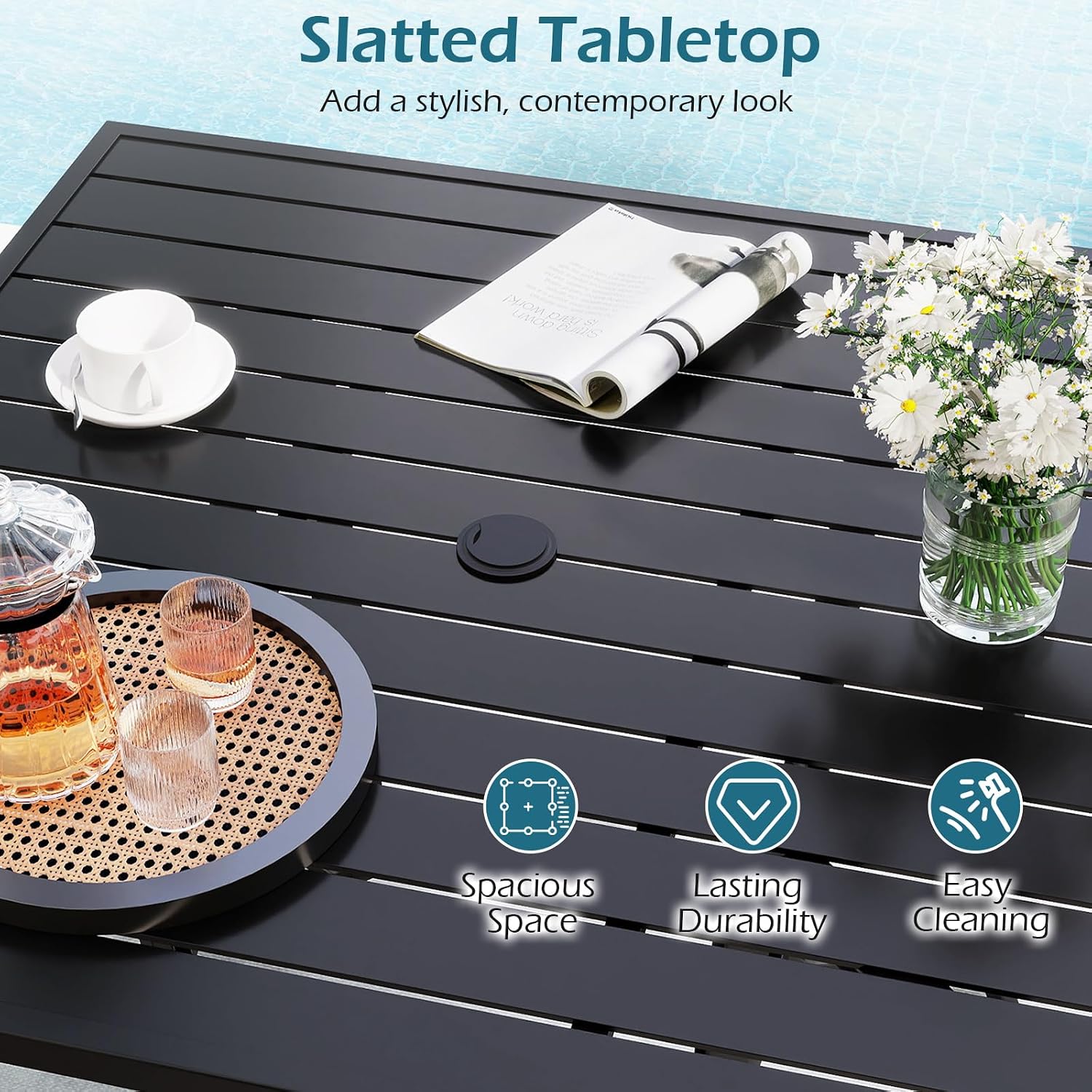Tangkula 37' Metal Patio Dining Table for 4, Square Heavy Duty Outdoor Dining Table with Umbrella Hole, 4-Person Outside Dining Furniture for Porch, Garden, Balcony and Backyard