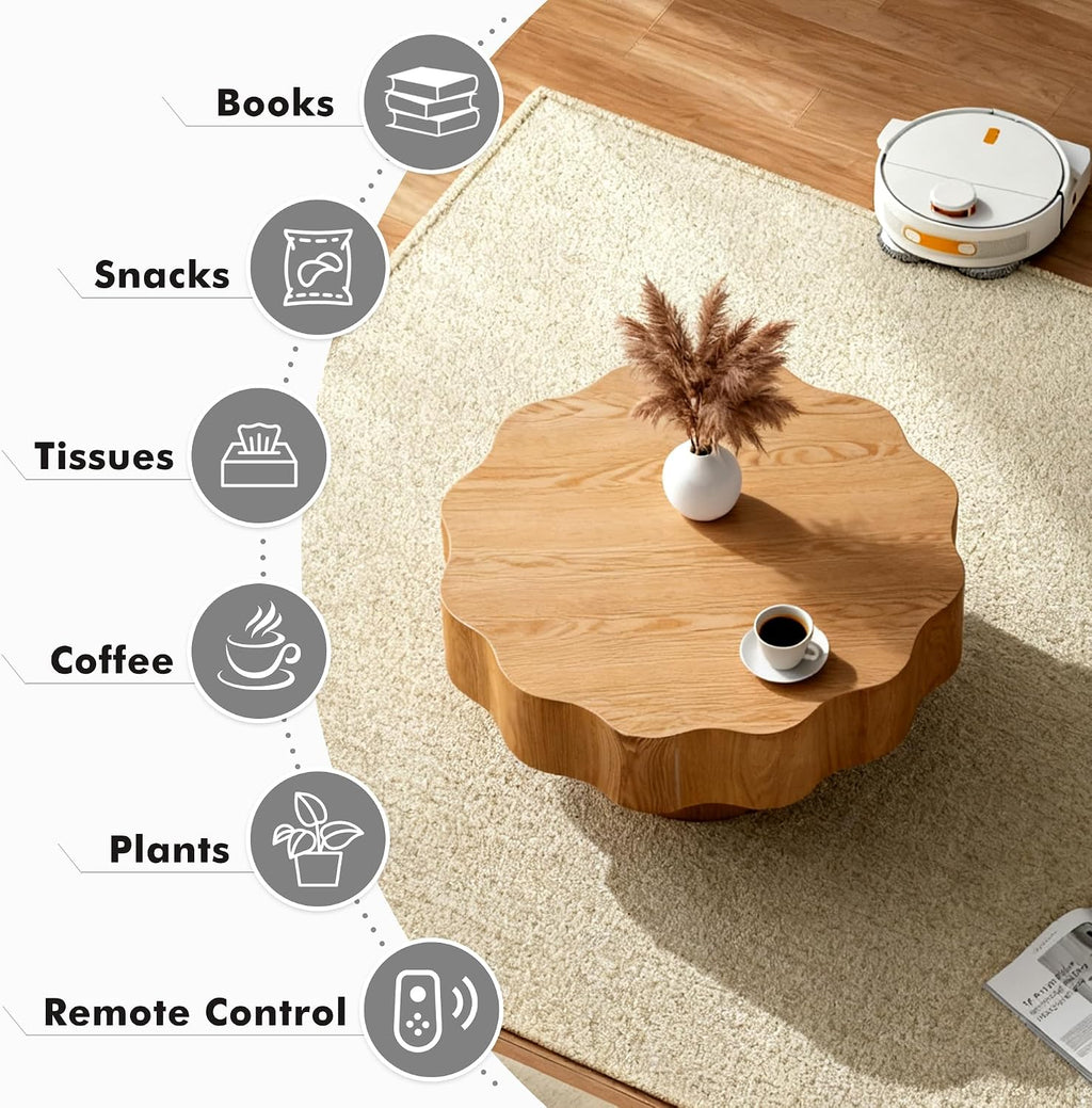 31.5'' Farmhouse Coffee Table Petal-Like, Wood Coffee Center Table Mid Century Modern Coffee Table for Living Room, Small Space End Side Table for Bedroom, Farmhouse, Apartment, Office