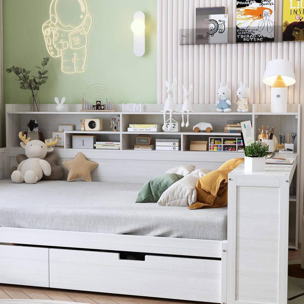 Twin Corner Bed Frame with Storage Shelves, L Shaped Bed with 2 Storage Drawers, Wooden Daybed with Study Desk, Corner Bed Frame Twin for Bedroom, for Kids and Teens, Antique White