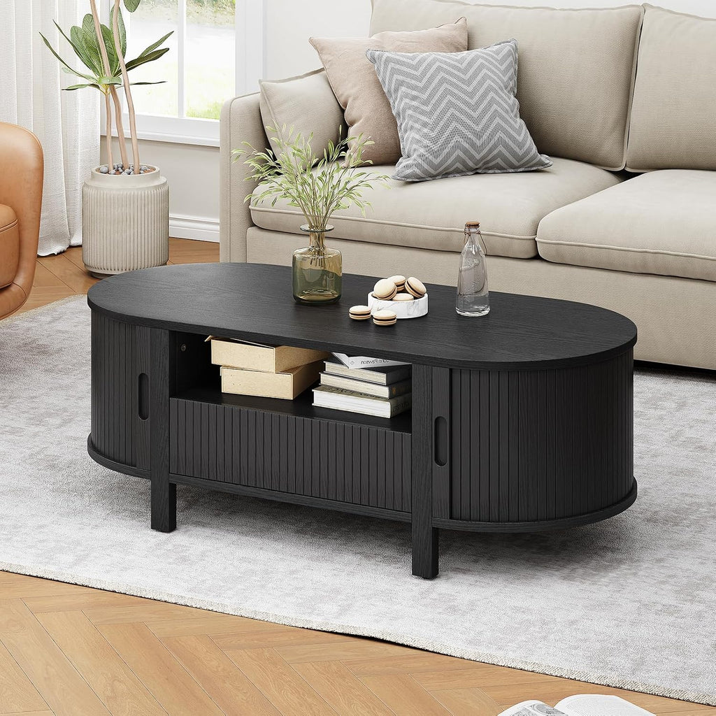 ONBRILL 47.2 Inch Oval Coffee Table with Storage, Mid Century Modern Coffee Table with Drawer, Center Table with Sliding Door and Wood Fluted Handle for Living Room, Black