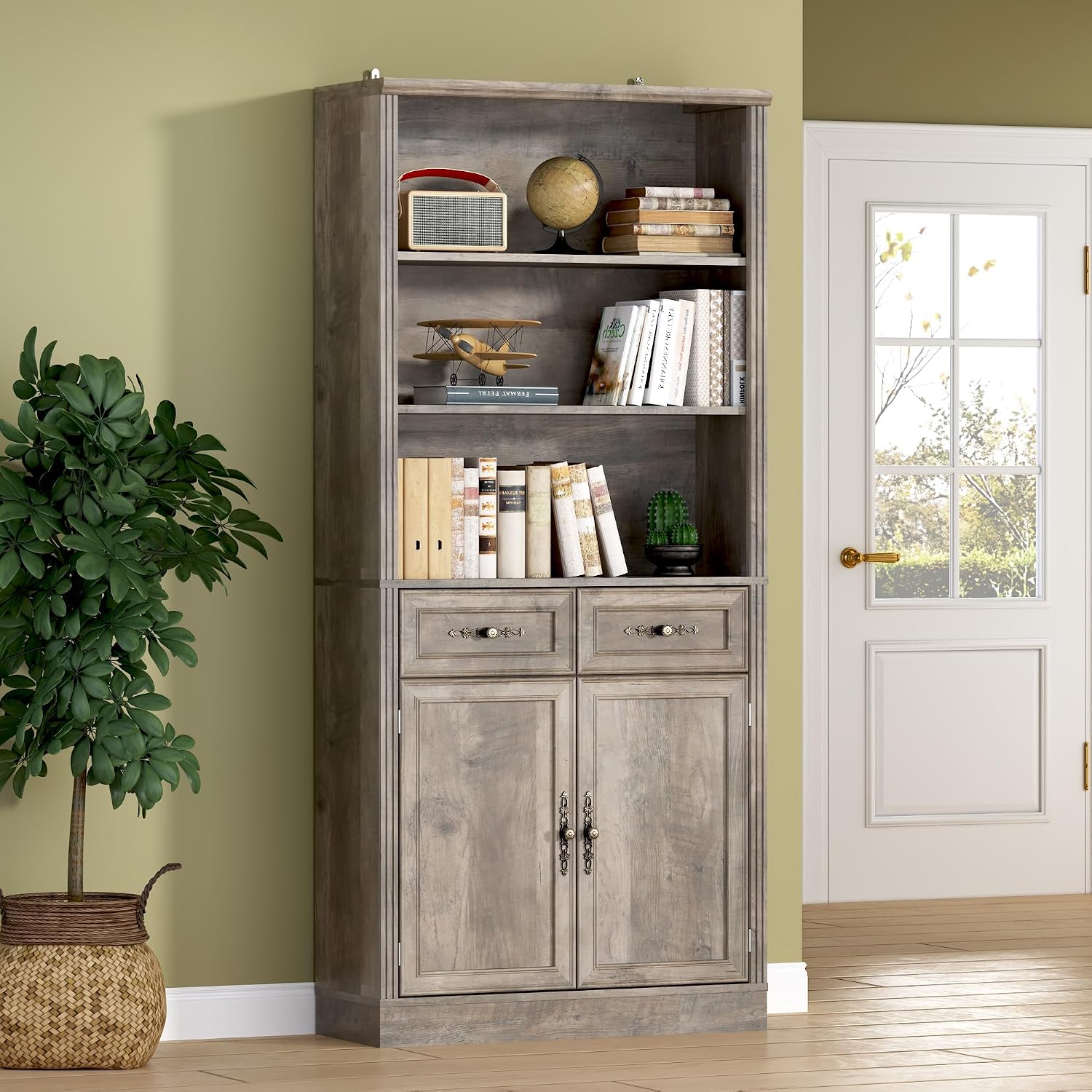 BORNOON 70.1' Tall Bookshelf with Drawers & Cabinet, 5-Tier Floor Standing Bookcase with Storage Doors, Adjustable Shelves & Metal Handles, 31.5' Wide Organizer for Home Office, Living Room