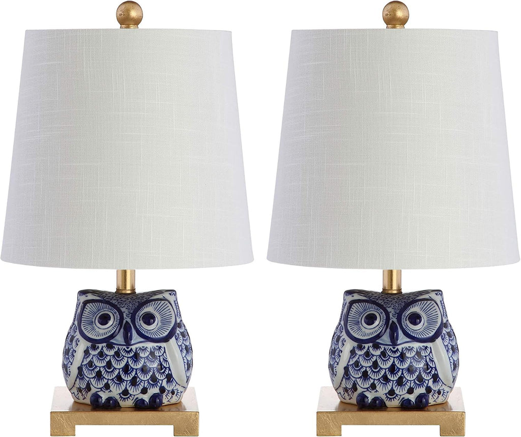 JONATHAN Y 16' Blue/White Ceramic Owl Mini Table Lamp for Bedroom or Office, Modern Farmhouse Nightstand Lamp with White Linen Shade, LED Bulb Included (JYL3014A-SET2)