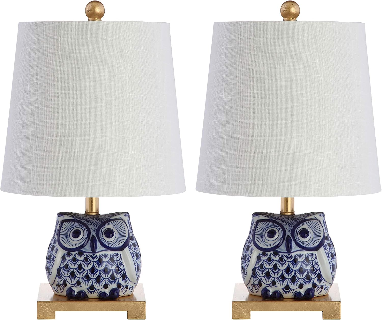 JONATHAN Y 16' Blue/White Ceramic Owl Mini Table Lamp for Bedroom or Office, Modern Farmhouse Nightstand Lamp with White Linen Shade, LED Bulb Included (JYL3014A-SET2)