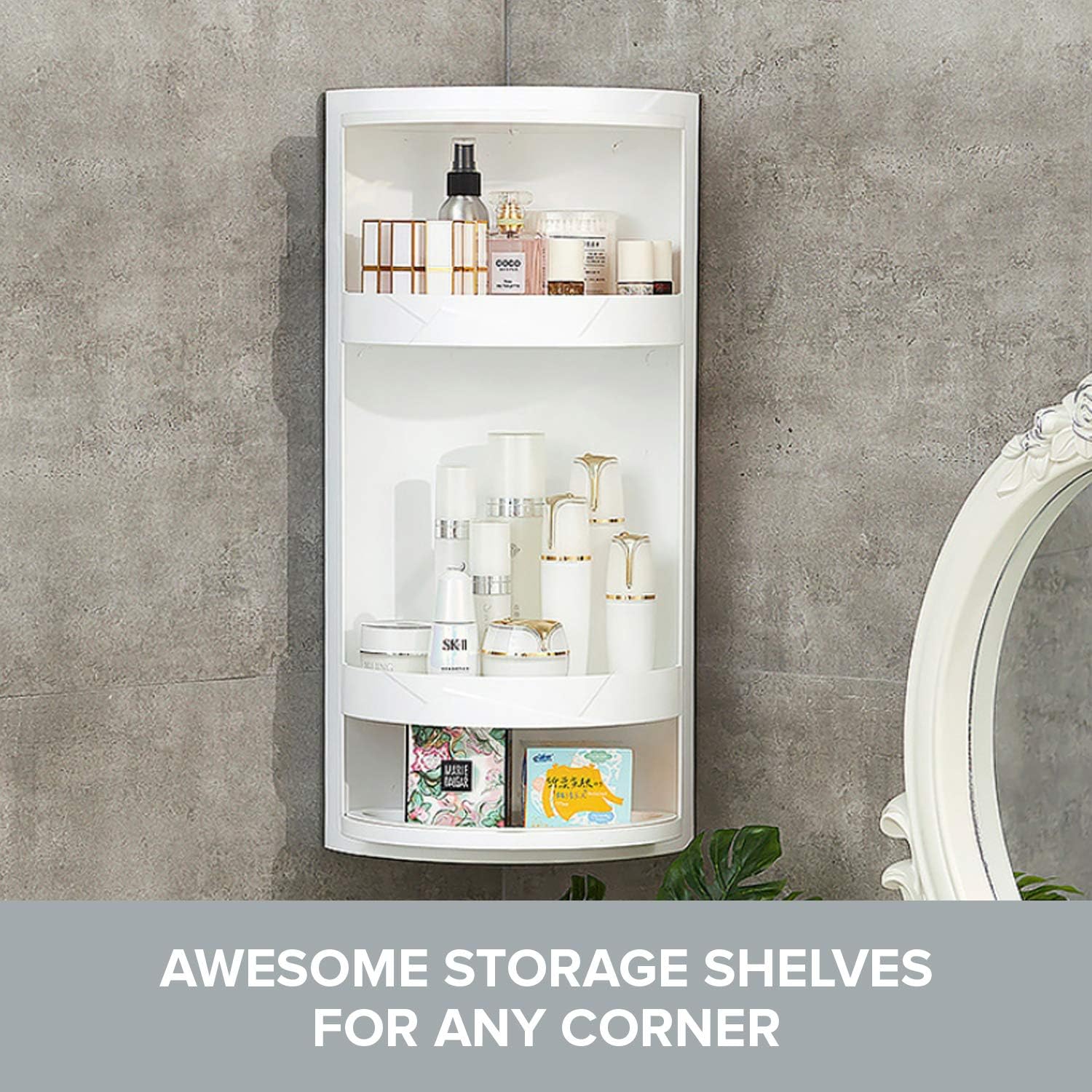 Bathroom Storage Corner Vanity Cabinet 24'x8.75'x8.75' Space Saver Rotating Organizer - 2-Tiered Storage Cabinet Countertop Storage or Wall Shelf - White Corner Shelf - Hidden Storage Rack