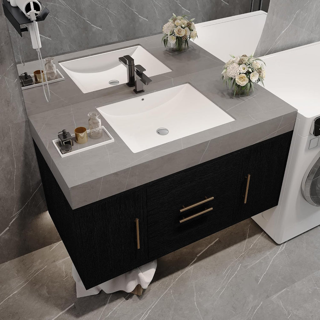 39.4' Bathroom Vanity with Oval Ceramic Sink, Floating Vanity Bathroom Sink Cabinet Wall Mount, Soft-Close Function 2 Large Hidden Drawers & Cabinet