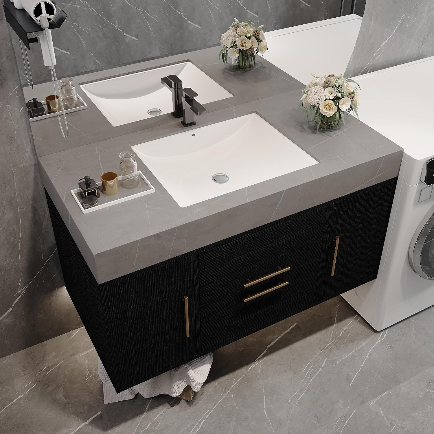 39.4' Bathroom Vanity with Oval Ceramic Sink, Floating Vanity Bathroom Sink Cabinet Wall Mount, Soft-Close Function 2 Large Hidden Drawers & Cabinet