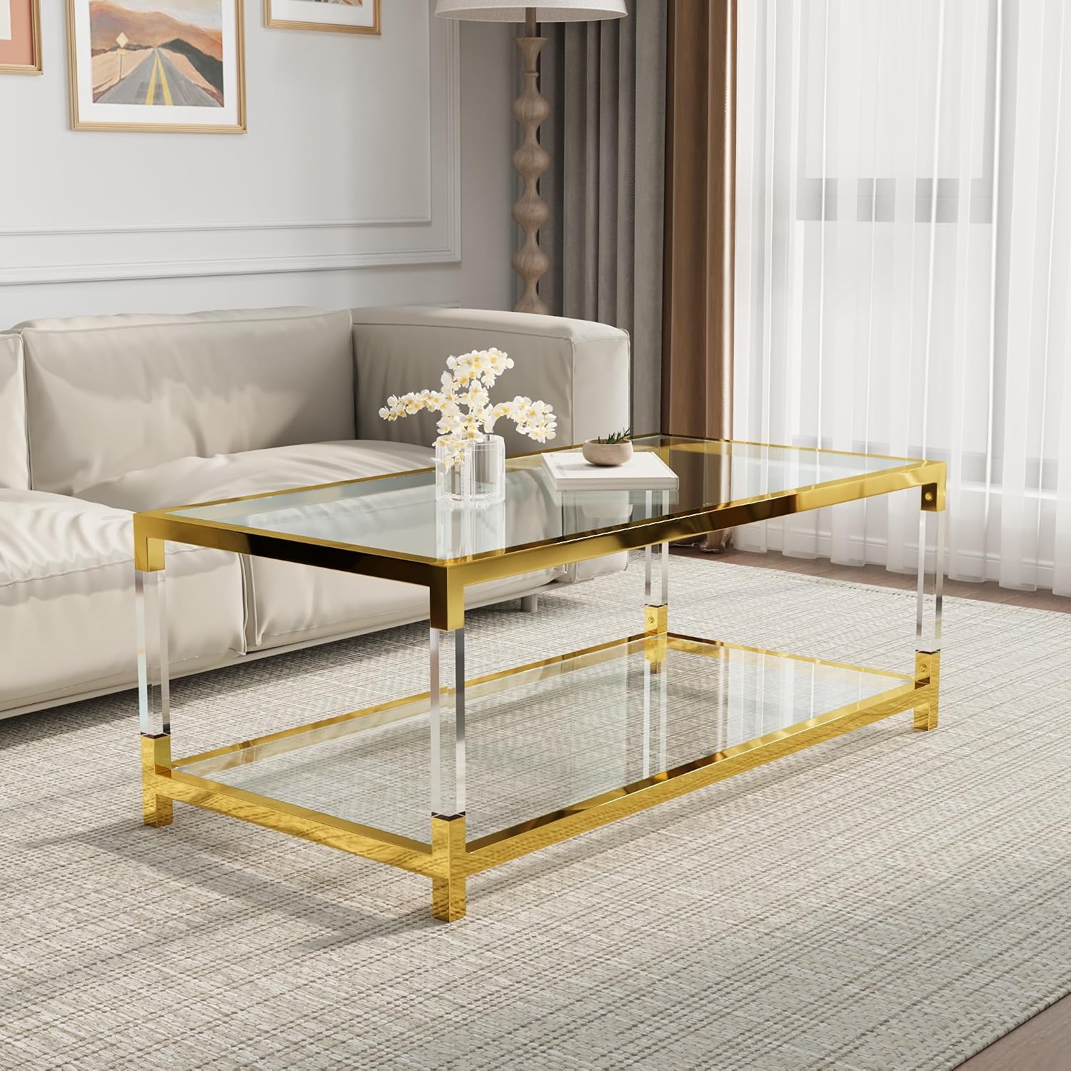 Glass Coffee Table, Modern Glass Table, Gold Rectangular Center Table, Glass Top & Acrylic Legs 2-Tier Storage for Home Living Office (Gold, 47.2'')