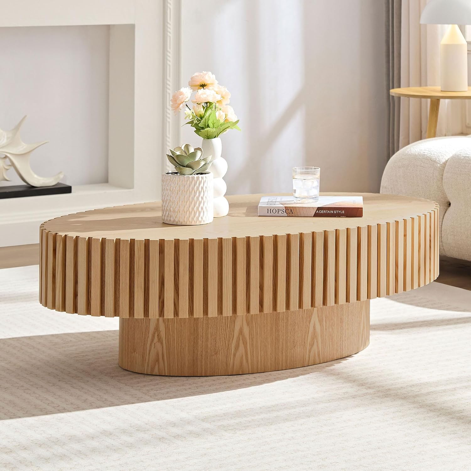 Wood Oval Coffee Table for Living Room Fluted Coffee Table with Pedestal 43.7' Modern Olive-Shaped Center Table for Apartment Easy Assembly Natural Wood