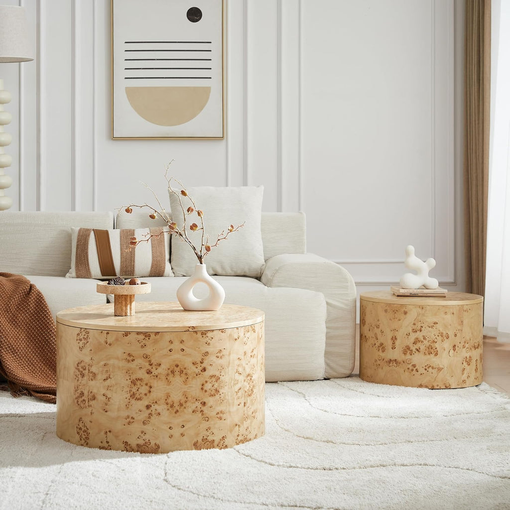 Nesting Coffee Table Set of 2 with Storage,Modern Round Burl Wood Veneer Circle Accent Side Tables for Living Room,Small Space,Bedroom,Balcony,Office,Brown(27.56'+19.69')