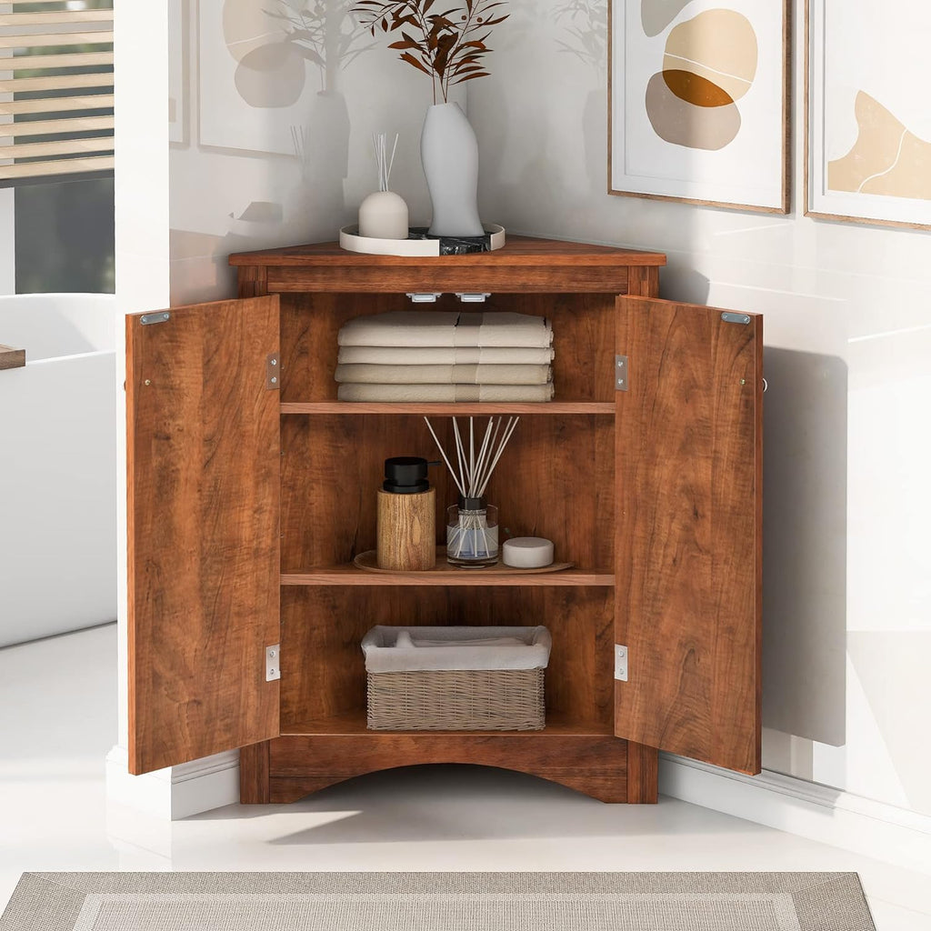 Knocbel 31.5' Height Corner Floor Storage Cabinet with Brushed Nickel Knobs, 2 Doors and Adjustable Shelves, Bathroom Pantry Corridor Free Standing Triangle Organizer Unit (Brown)