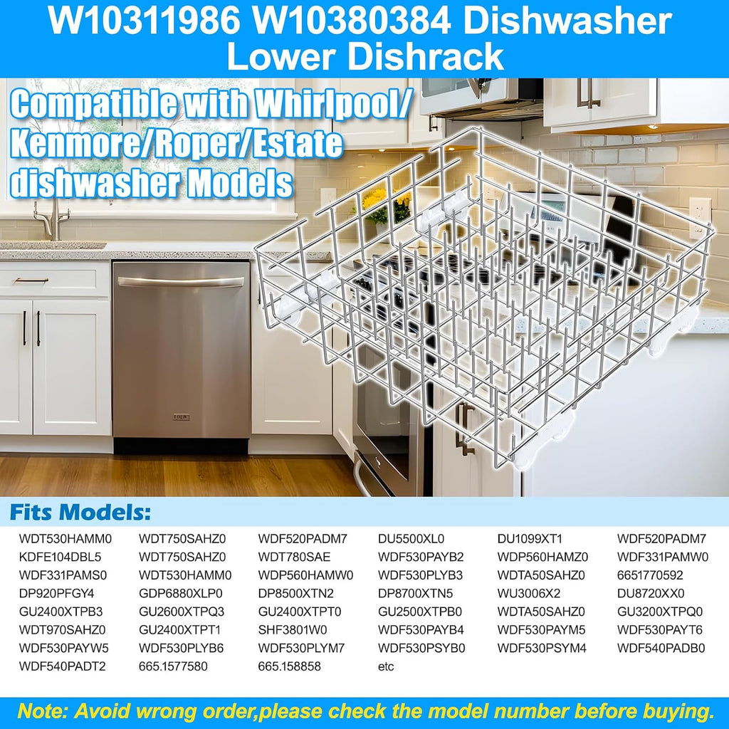 UPGRADED W10311986 W10380384 Dishwasher Lower Dishrack for Whirlpool Kenmore Dishwasher Rack Replacement Parts,304 Stainless Steel W10311986 W11158802 Whirlpool Dishwasher Rack with Wheel Bottom Rack