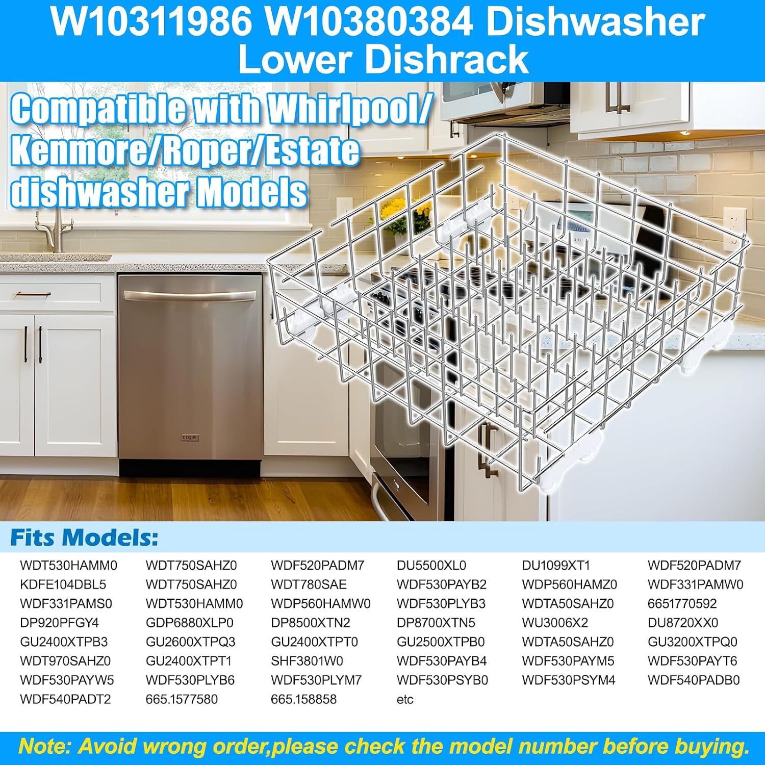 Upgraded W10311986 W10380384 Dishwasher Lower Rack 304 Stainless Steel Compatible with Whirlpool Dishwasher Racks Replacement Parts WDT750SAHZ0 WDTA50SAHZ0 Whirlpool Dishwasher Bottom Rack with Wheel