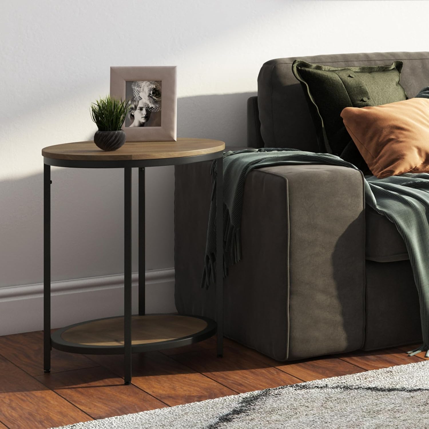 Small Round End Table for Living Room, Bed Side Table, Narrow Nightstand with Storage Shelf for Bedroom, Unique Rustic Telephone Table for Sofa Side, Distressed Brown Corner Table for Sofa Side