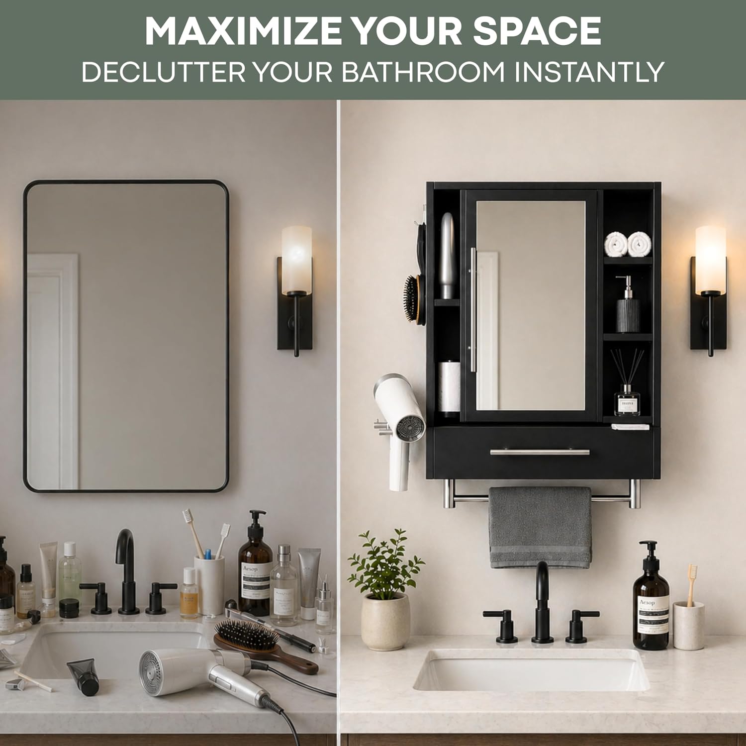 PRE-ASSEMBLED Bathroom Wall Cabinet with Mirror, READY-To-INSTALL Medicine Cabinet, Over the Toilet Storage Cabinet with Storage Shelves, Towel Bar & Hooks for Bathroom, Laundry, Living & Room Kitchen