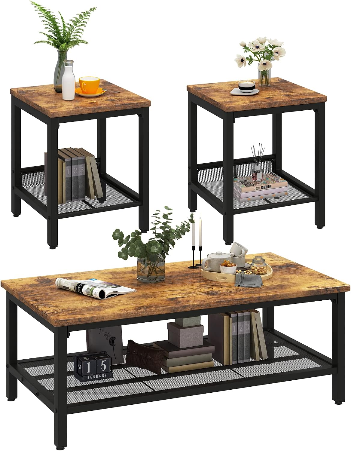 furlinkhm Coffee Table Set of 3, Industrial Coffee Table with 2 Square End Side Tables, Modern Living Room Table Set, with Metal Frame, for Apartment Home Office, Brown