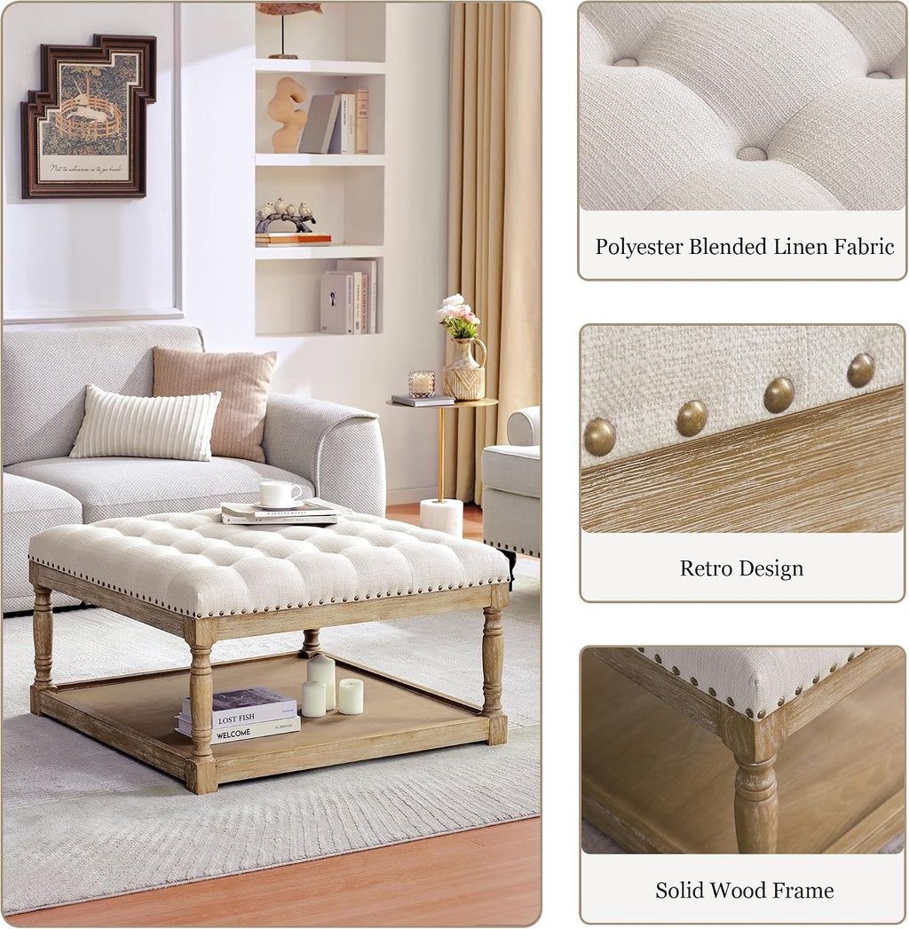 HUIMO 33-inch Large Square Ottoman Coffee Tables for Living Room, Tufted Upholstered Linen Ottoman with Storage Shelf and Solid Legs for Office Bedroom Farmhouse (Beige)