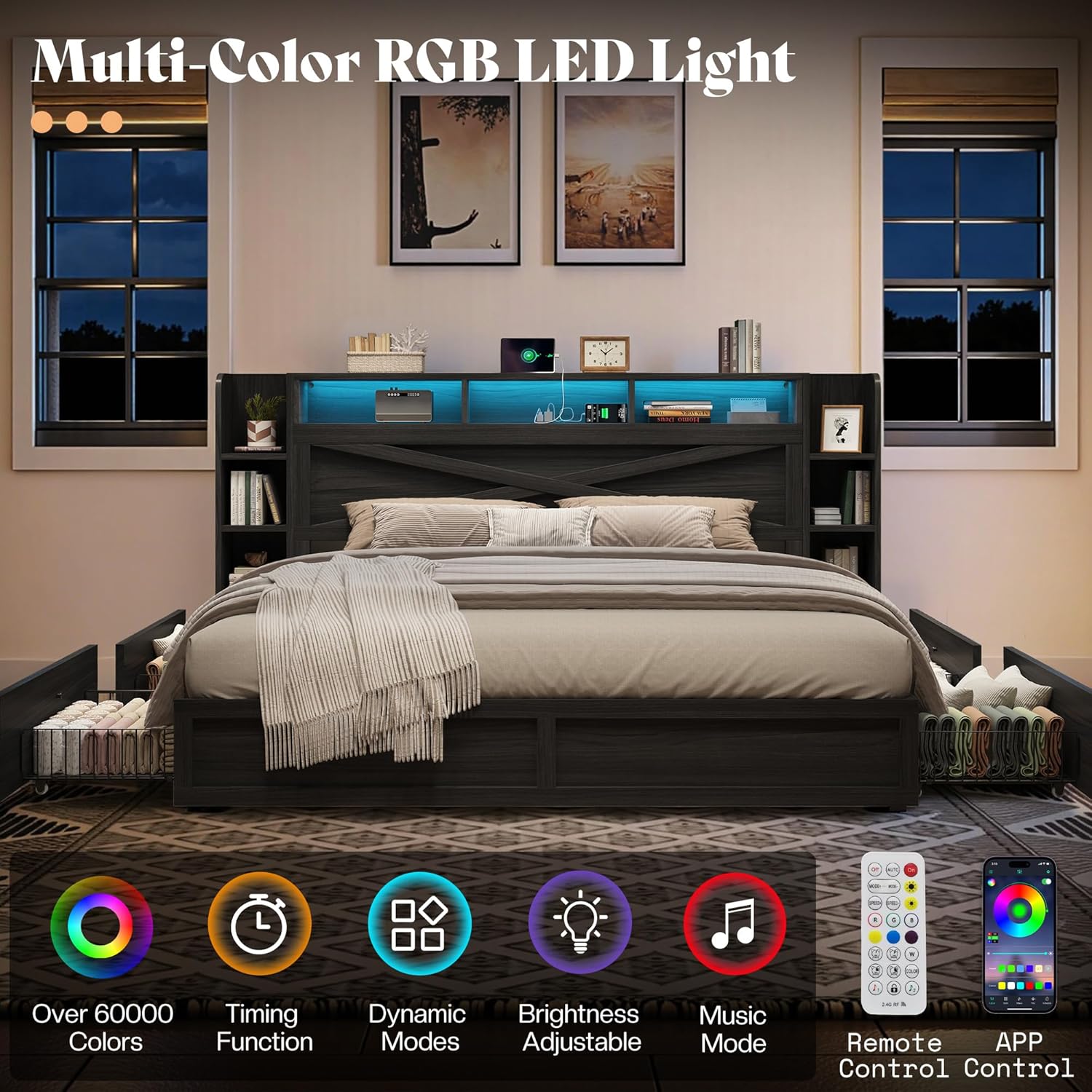 AMERLIFE 45'' Farmhouse Queen Bed Frame with 4 Drawers, LED Bed Frame with Bookcase Headboard & Side Shelves, Wood Platform Bed with Charging Station, Black
