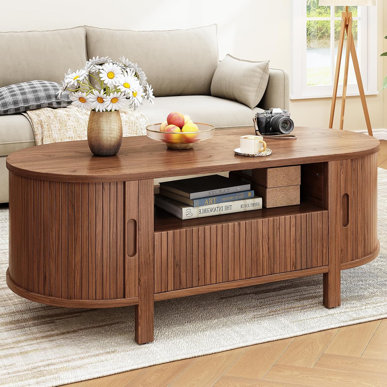 ONBRILL 47.2 Inch Oval Coffee Table with Storage, Mid Century Modern Coffee Table with Drawer, Center Table with Sliding Door and Wood Fluted Handle for Living Room, Walnut