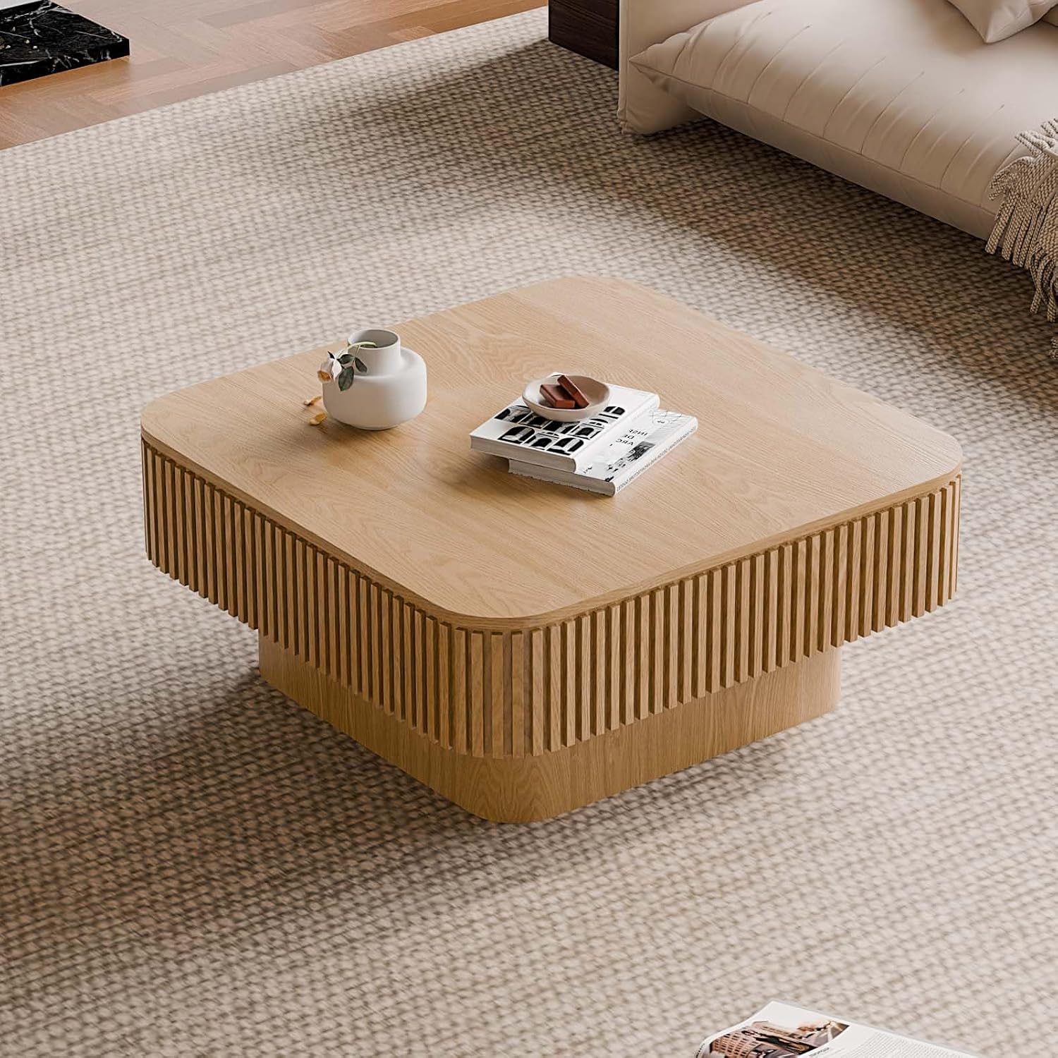 Square Small Coffee Table with Storage, Modern Wooden Coffee Table with Solid Wood Veneered, Fluted Center Table Drum Tea Table for Living Room Apartment, 31.5''L×31.5''W×14''H